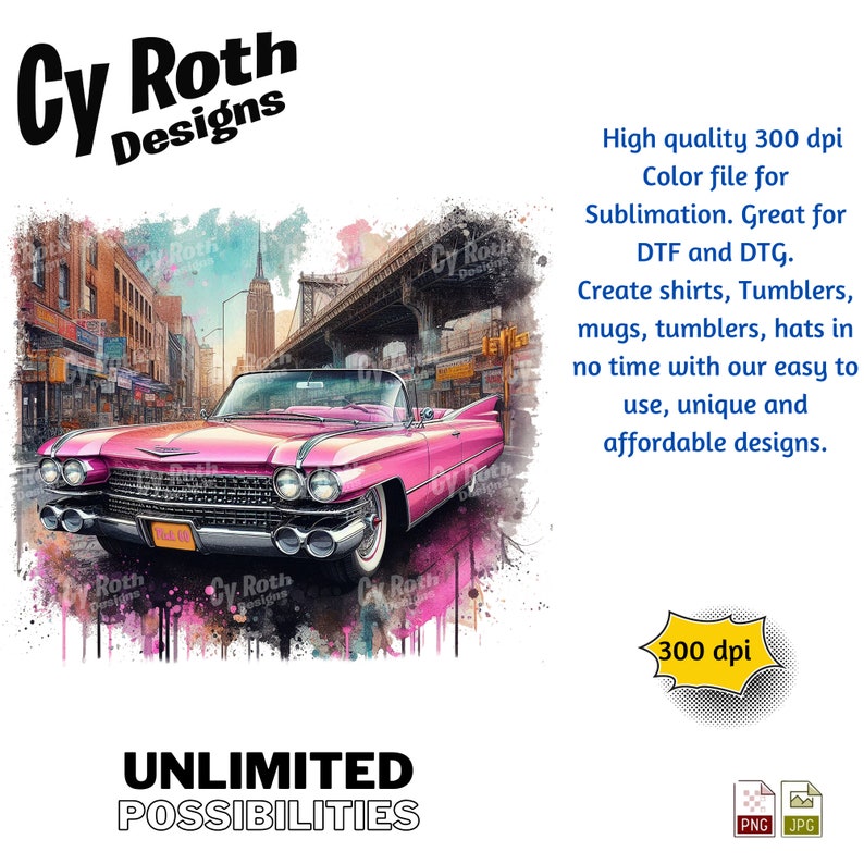 1960 Pink Cadillac Color Sublimation, DTF Transfer, DTG File, Print on demand, shirt, mug, tumbler, poster, key chain, canvas, wall art.