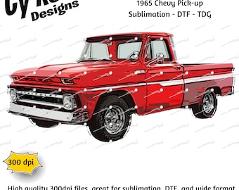 May include: A red 1965 Chevrolet pick-up truck with a white stripe on the side. The truck is isolated on a white background. 1965 Chevy Pick-up Sublimation - DTF - TDG