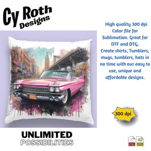 1960 Pink Cadillac Color Sublimation, DTF Transfer, DTG File, Print on demand, shirt, mug, tumbler, poster, key chain, canvas, wall art.