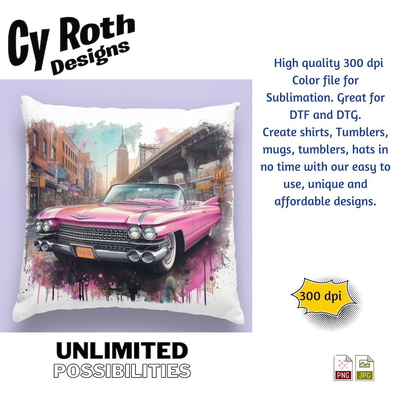 1960 Pink Cadillac Color Sublimation, DTF Transfer, DTG File, Print on demand, shirt, mug, tumbler, poster, key chain, canvas, wall art.
