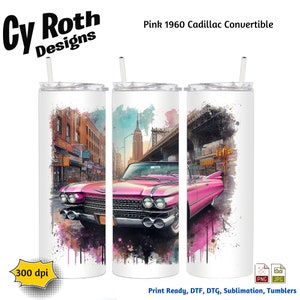 1960 Pink Cadillac Color Sublimation, DTF Transfer, DTG File, Print on demand, shirt, mug, tumbler, poster, key chain, canvas, wall art.