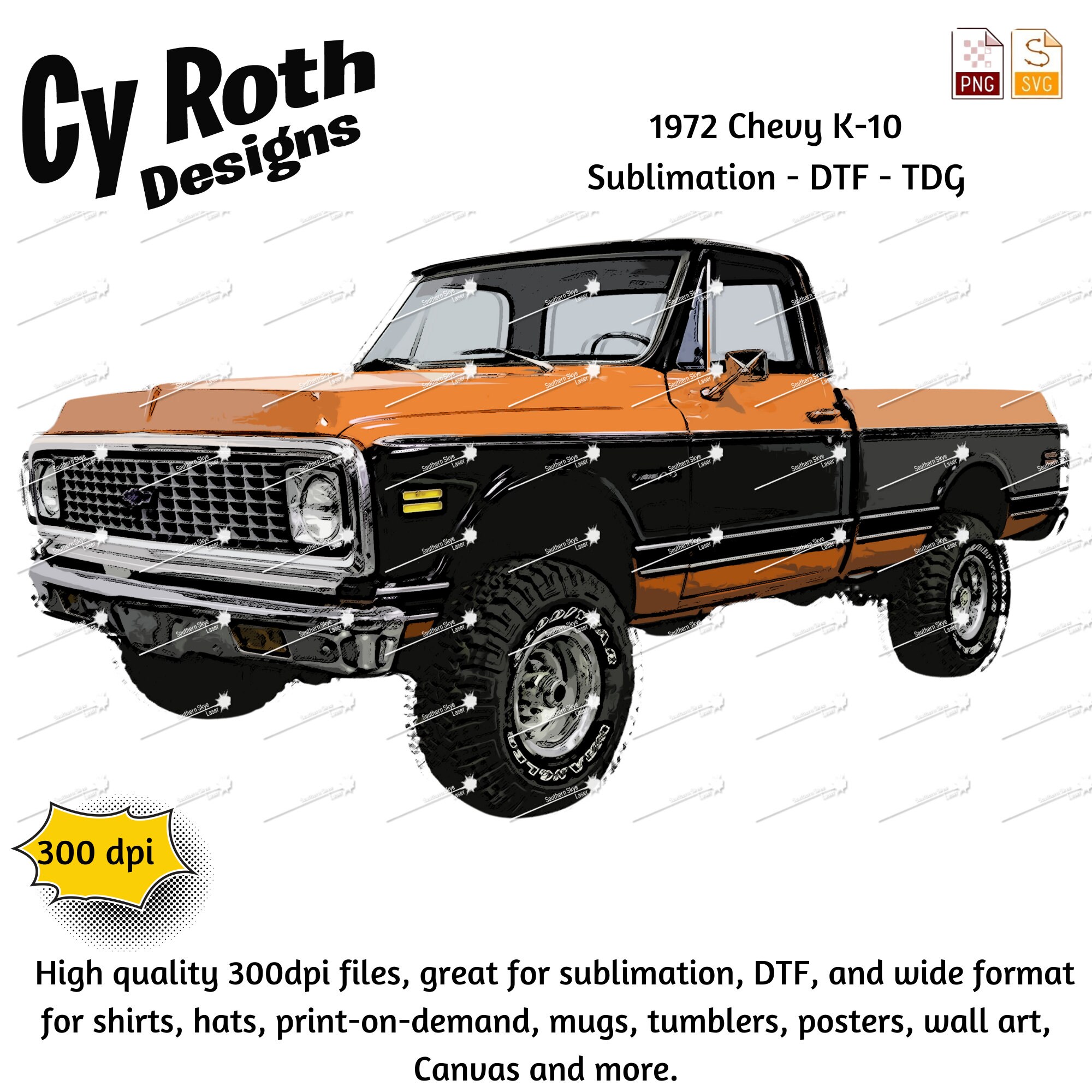 1972 Chevy K-10 Truck Color Drawing: Sublimation Print File