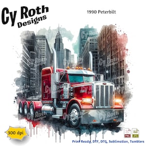 Pode incluir: Um caminhão semi-reboque Peterbilt vermelho de 1990 dirigindo por uma rua da cidade com edifícios altos ao fundo. O caminhão está rodeado por um efeito de aquarela.