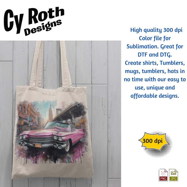 1960 Pink Cadillac Color Sublimation, DTF Transfer, DTG File, Print on demand, shirt, mug, tumbler, poster, key chain, canvas, wall art.