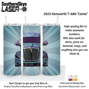 May include: A digital illustration of a blue Kenworth T-680 semi-truck with a comic book style design. The truck is on a blue and white background with white polka dots. The text "2023 Kenworth T-680 'Comic'" is at the top of the image.