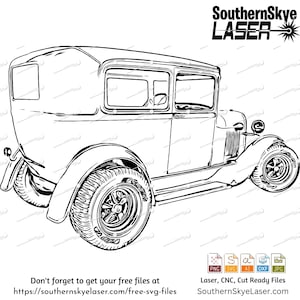 Könnte beinhalten: Eine Schwarzweiß-Zeichnung eines Oldtimers, ein Ford Modell A aus den 1920er Jahren, mit geschlossener Karosserie, vier Türen und einem Reserverad am Heck. Das Auto ist nach rechts gerichtet und die Vorderräder sind leicht nach links gedreht. Das Auto befindet sich auf einem weißen Hintergrund.