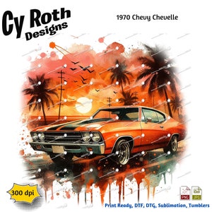 May include: A digital illustration of a 1970 Chevy Chevelle driving on a beach road at sunset. The car is orange with a black stripe and is surrounded by palm trees. The background is a watercolor wash of orange, red, and yellow.