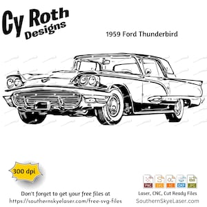 May include: A black and white line drawing of a 1959 Ford Thunderbird. The car is facing the viewer and has a classic design with a long hood and a rounded body. The image is 300 dpi and is available in a variety of file formats, including PNG, SVG, AI, DXF, and JPG.