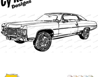 May include: Black and white line art illustration of a 1971 Chevy Impala 2-Door car. The car is drawn in a classic style with a focus on the details of the vehicle. The image is 300 dpi and includes the text "Cy Roth Designs".