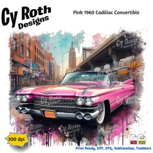 May include: A pink 1960 Cadillac convertible driving down a city street with a bridge in the background. The car is surrounded by a watercolor effect.