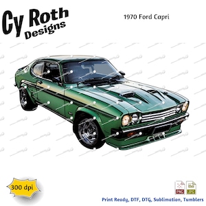 Może przedstawiać: Ilustracja zielonego Forda Capri z 1970 roku. Samochód ma czarny grill i czarne koła. Obraz ma rozdzielczość 300 dpi i jest gotowy do druku na DTF, DTG, sublimacji i kubkach.