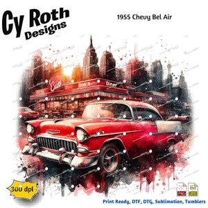 Archivo de impresión DTF DTG para sublimación de arte de pared imprimible Chevy Bel Air 1955 y archivo adicional para vaso Skinny de 20 oz