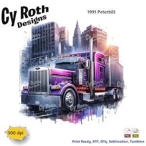 May include: A purple 1991 Peterbilt semi-truck with a white cab and a silver front bumper. The truck is driving through a city with tall buildings in the background. The image is a digital illustration with a watercolor effect.