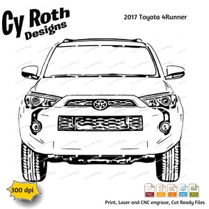 Puede incluir: Ilustración en blanco y negro de línea de arte de una Toyota 4Runner 2017. La imagen muestra la parte delantera del vehículo, incluidos los faros, la parrilla y el parachoques. El texto "2017 Toyota 4Runner" está escrito sobre el vehículo.