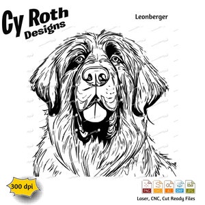 May include: Black and white line art illustration of a Leonberger dog's head. The dog is looking directly at the viewer with its mouth slightly open. The image is labeled "Leonberger" and "Cy Roth Designs".