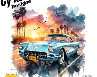 1955 Corvette Art Print: Sublimation & Tumbler Design (Digital Download)