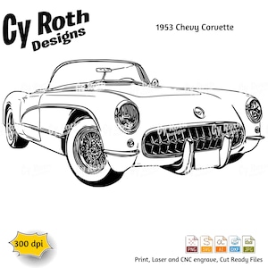 Peut inclure: Illustration en noir et blanc d'une Chevrolet Corvette 1953. La voiture est dessinée en vue de profil, avec l'avant de la voiture face au spectateur. La voiture a un design classique avec un long capot et une carrosserie arrondie. Le texte "1953 Chevy Corvette" est écrit au-dessus de la voiture.