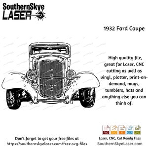 Könnte beinhalten: Schwarz-weiß-Linienzeichnung einer Ford Coupé aus dem Jahr 1932. Das Bild zeigt eine Frontansicht des Autos mit Scheinwerfern, Kühlergrill und Rädern. Der Text "1932 Ford Coupé" befindet sich über dem Auto.