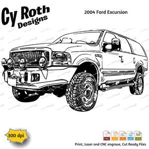 Może przedstawiać: Czarno-biała ilustracja liniowa SUV-a Ford Excursion z 2004 roku. Pojazd jest skierowany w prawą stronę obrazu. Widoczne są przednie koła, a przedni zderzak ma grill i reflektory. Pojazd ma duże, prostokątne nadwozie z linią dachu opadającą ku tyłowi. Tekst "2004 Ford Excursion" jest napisany nad pojazdem.