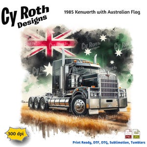 May include: A black 1985 Kenworth semi-truck with an Australian flag painted on the side. The truck is driving on a dirt road with grass and a watercolour effect.