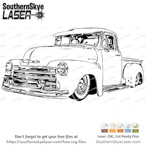 May include: Black and white line art illustration of a vintage pickup truck. The truck has a large grille, a rounded bonnet, and a long load bed. The truck is facing the viewer and is set against a white background.
