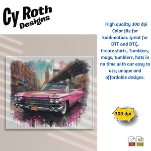 1960 Pink Cadillac Color Sublimation, DTF Transfer, DTG File, Print on demand, shirt, mug, tumbler, poster, key chain, canvas, wall art.