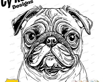 Könnte beinhalten: Schwarz-weiß-Linienzeichnung eines Mopsgesichts. Der Hund schaut den Betrachter direkt an und hat einen verspielten Ausdruck. Das Bild ist mit "Pug Dog" und "300 dpi" beschriftet.