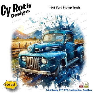 Pode incluir: Uma camioneta Ford azul de 1948 com um efeito de aquarela. A camioneta está dirigindo em uma estrada de terra com montanhas ao fundo. O texto "Cy Roth Designs" e "1948 Ford Pickup Truck" é visível na parte superior da imagem.