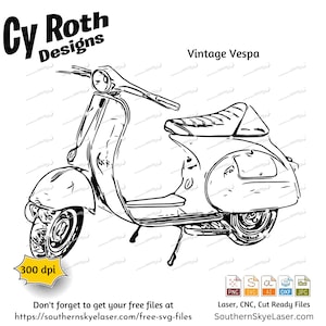 Può includere: Illustrazione in bianco e nero a linea di uno scooter Vespa vintage. Lo scooter è disegnato in uno stile semplice, con dettagli come la sella, il manubrio e le ruote.
