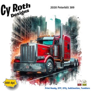 Può includere: Un camion semi-rimorchio Peterbilt 389 rosso con dettagli cromati sta guidando lungo una strada cittadina. Il camion è circondato da edifici alti e un effetto acquerello.