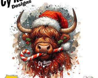 Christmas Highland Cow Sublimation Design: DTF DTG Print File (Digital Download)