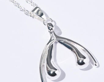 Puede incluir: Un collar de plata con forma de hueso de la suerte con una cadena delicada. El colgante con forma de hueso de la suerte está detallado con un acabado liso y redondeado.