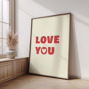 Love You Print, Love Red Valentine&#39;s Poster, Retro Wall Art, Love Sign, Typography Wall Art, Valentine&#39;s Day Print, Pink Valentines Print