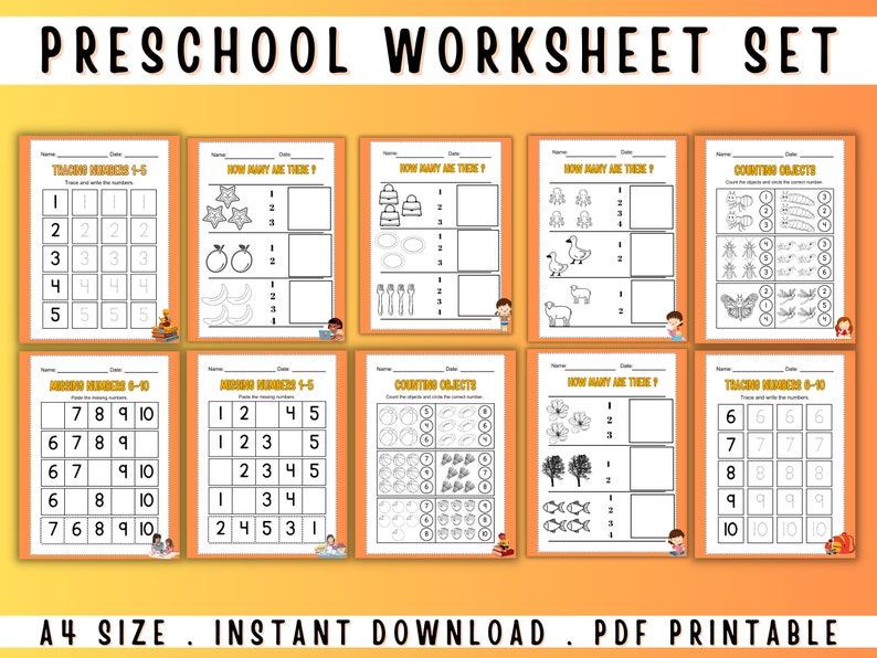 Preschool Worksheet Set Printable Orange Theme imagem 3