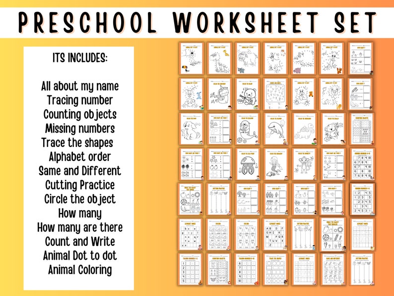 Preschool Worksheet Set Printable Orange Theme imagem 2