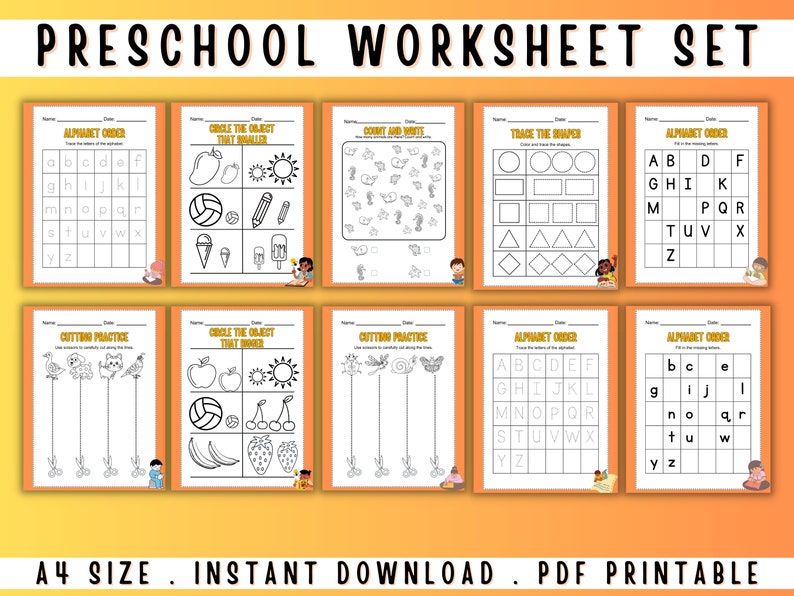 Preschool Worksheet Set Printable Orange Theme imagem 4