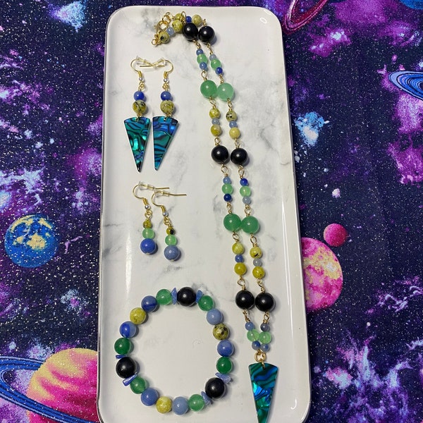 Everyday Is Earth Day Yellow Turquoise, Black Jasper, Blue and Green Aventurine Stone Jewelry Set