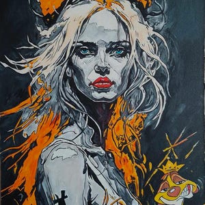 Cuadro Pop-Art Gótico, Corona, Pintura Acrílica, La Dama de la Corona, Pintura sobre Cartón, Decoración de Pared, Pintura a Mano, Timón