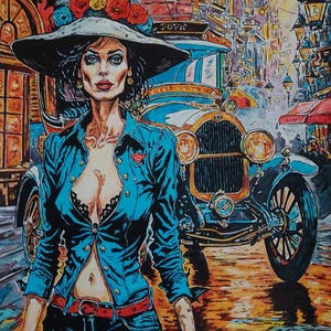 Donna indipendente con cappello, dipinto murale, auto retrò, dipinto acrilico urbano, decorazione murale, bella donna, decorazione da bar, arte moderna