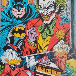 Joker, Batman, Paperino, Quadro Pop-Art, Dipinto Acrilico, 100% Dipinto a Mano, Design Originale, Arte Murale, Fumetti, Stile Americano, Dipinto Moderno