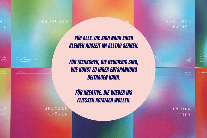 May include: A collection of colorful book covers with a gradient design. The covers feature text in German, with a central pink circle containing additional text. The color palette includes shades of pink, blue, green, and orange.