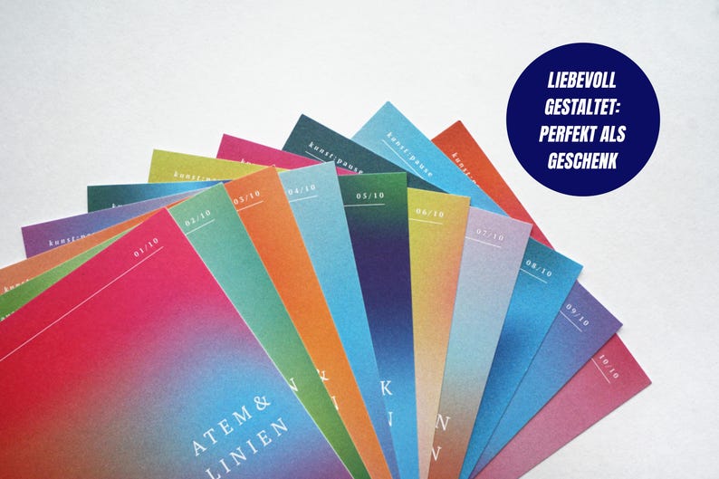 May include: A fan of colorful cards with gradient designs, featuring text in white. The cards are arranged in a semi-circle, with a dark blue circle in the upper right corner containing white text. The cards have the text "ATEM & LINIEN".