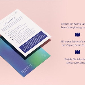 May include: Two sheets of paper, one white with text and one with a blue and green gradient, are angled against a pink background. The top sheet has the word "LOSLASSEN" and bullet points. Text on the right side says "Step-by-step instructions: no prior experience needed."