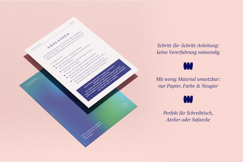 May include: Two sheets of paper, one white with text and one with a blue and green gradient, are angled against a pink background. The top sheet has the word "LOSLASSEN" and bullet points. Text on the right side says "Step-by-step instructions: no prior experience needed."