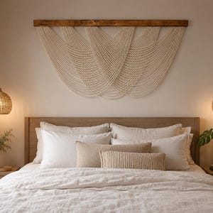 May include: A large wall hanging made of off-white cotton cord arranged in cascading, overlapping U-shaped loops, suspended from a horizontal dark brown wooden beam. The fiber art piece features a symmetrical design with multiple layers of rope.