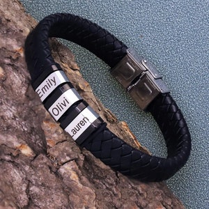 Lederen roestvrijstalen heren gepersonaliseerde gegraveerde armband, Vaderdagcadeau, cadeau voor papa, gegraveerde armband, cadeau voor hem, cadeau vriendje