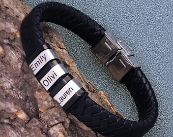 Leather Stainless Steel Mens Personalised Engraved Bracelet, Father&#39;s Day Gift, Gift for Dad, engraved bracelet, Gift for him,boyfriend gift
