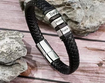 Leather Stainless Steel Mens Personalised Engraved Bracelet, Father&#39;s Day Gift, Gift for Dad, gift for boyfriend, Christmas gift,