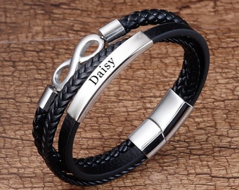 Leather Stainless Steel Mens Personalised Engraved Bracelet, Father&#39;s Day Gift- Dad Daddy Boyfriend Father , Christmas gift, infinity gift