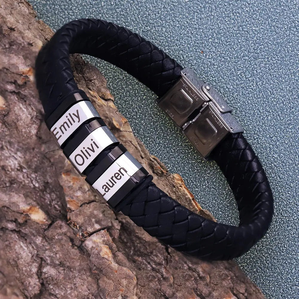 Leather Stainless Steel Mens Personalised Engraved Bracelet, Father's Day Gift, Gift for Dad, engraved bracelet, Gift for him,boyfriend gift